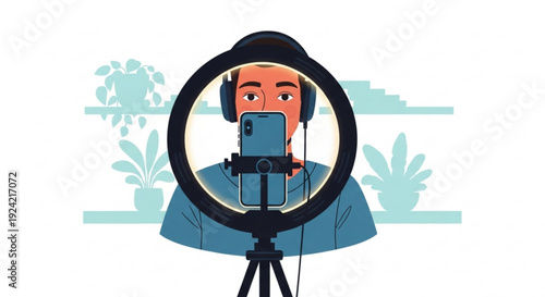 Man recording video podcast with smartphone and ring light at home office desk with plants