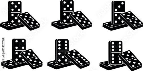 Domino Game Icon Set with Classic Black Playing Tiles and Dice Symbols for Board Games, Casino Concepts, Mobile Gaming Apps, and Entertainment Designs