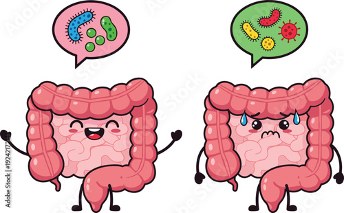 Gut health concept illustration with happy and sick intestine characters, microbiome bacteria comparison, digestive system education design, medical cartoon vector artwork