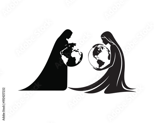 Silhouette figures holding and observing globes representing earth and humanity