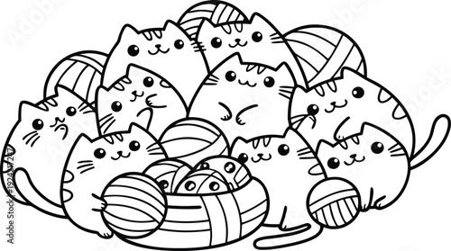 Coloring pages set with funny doodle cats. Collection with black and white coloring pages. Cute feline animals templates for coloring book in US Letter format. Vector illustration