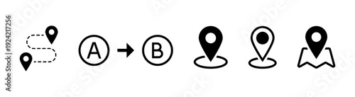 Navigation map route location pin icons set with start finish direction and destination symbols, route paths, and location markers for GPS and travel UI design in thin outline style pack
