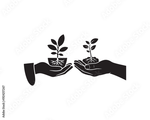 Two black silhouette hands gently holding small potted plants and seedlings with visible roots on white