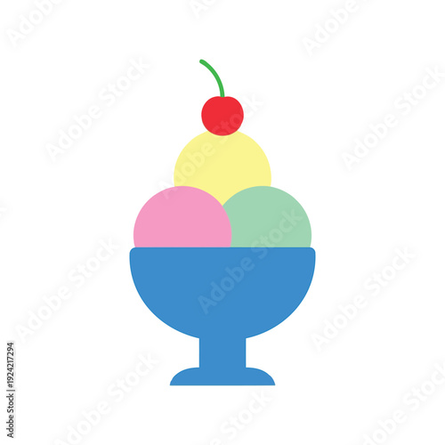 Ice Cream Sundae Vector Clipart in Flat Style with Cherry and Colorful Scoops