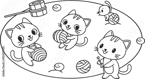 Coloring pages set with funny doodle cats. Collection with black and white coloring pages. Cute feline animals templates for coloring book in US Letter format. Vector illustration