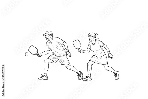 Senior Couple Playing Pickleball Silhouette, Active Aging and Recreational Sports Fitness CAD Vector Illustration
