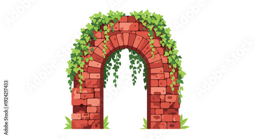 A red brick archway covered in thick green ivy and hanging vines standing on a patch of grass on a white background.