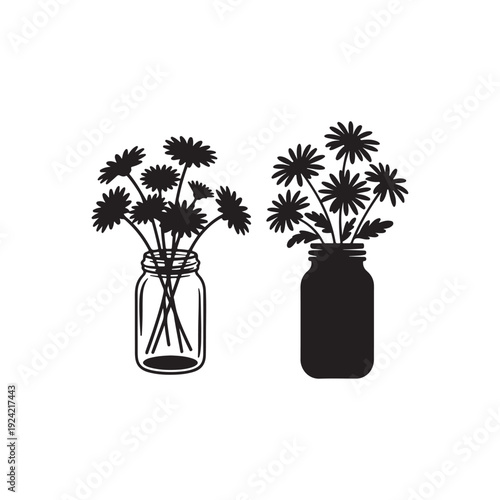 Two black silhouette floral arrangements in glass jars, one outlined and one solid, against a white background