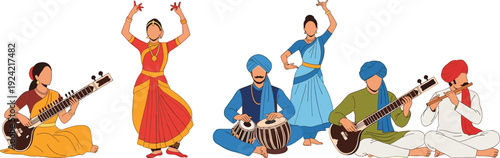 Indian classical music and dance illustration featuring traditional musicians and dancers, cultural performance scene, colorful vector characters, heritage art