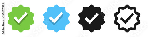 Verified check badge icon set with approval tick symbols for quality assurance validation success - verified checkmark badges in green, blue, and black styles for social media profile authentication.
