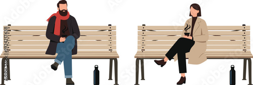 Man and woman sitting on wooden park benches drinking hot coffee, modern lifestyle winter scene, minimalist flat vector illustration isolated on white background