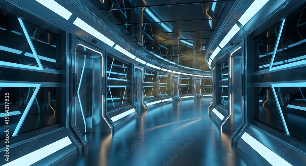 Obraz premium A brightly lit, sleek, and modern sci-fi spaceship corridor with glowing blue lights creating a sense of advanced technology and endless depth.