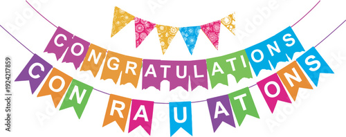 Flag day celebrations with colorful congratulations banners and pennants