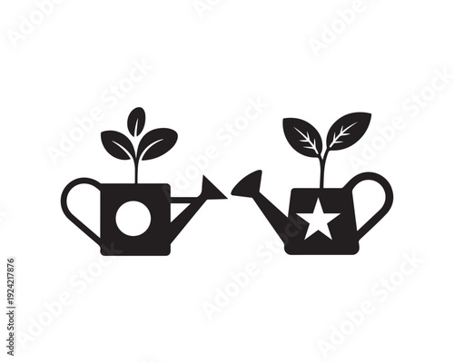 Black watering cans with small green sprouts growing from them symbolizing growth and nurturing on a white background