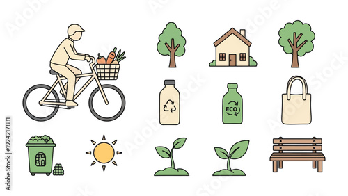 Eco-Friendly Ride: A charming illustration depicts a person cycling, promoting sustainable living and eco-consciousness with imagery