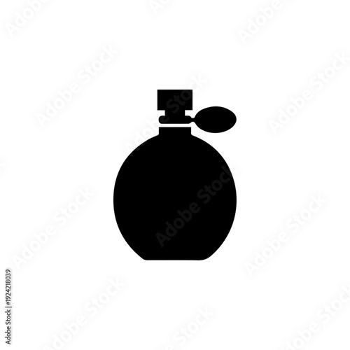 Vintage perfume bottle silhouette icon with atomizer spray on white background.