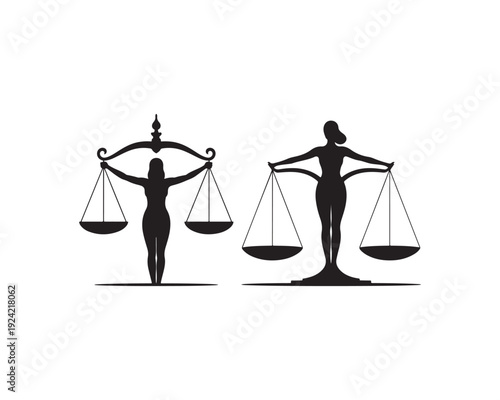 Two stylized female silhouettes holding scales of justice symbolizing fairness equality law and balance in legal proceedings
