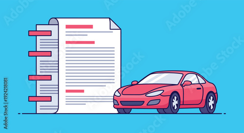 Automotive documentation and vehicle history report showing a red sports car next to a detailed formal document with markings.