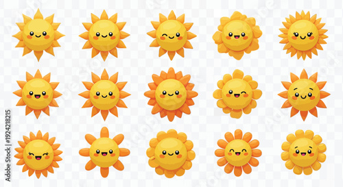 Collection of adorable smiling suns with cute facial expressions