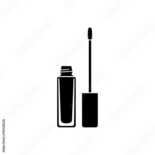 Black silhouette of a lip gloss tube with applicator wand on white background.