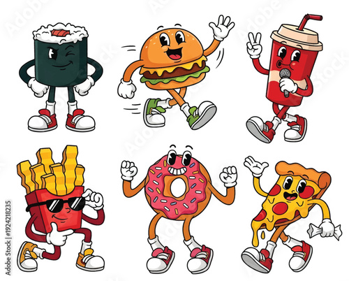Fun fast food icon set featuring cartoon sushi, burger, soda, fries, donut, and pizza