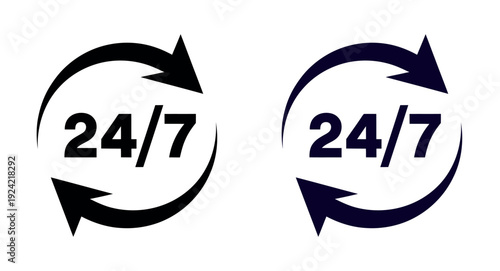 24/7 Service Icons in Black and Dark Blue Colors on White Background