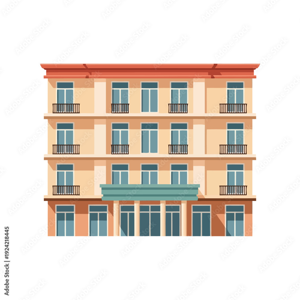 Naklejka premium Apartment building facade vector clipart, modern residential architecture illustration