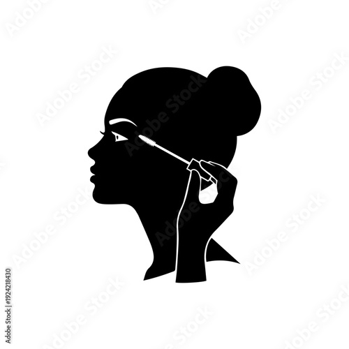 Elegant female silhouette applying mascara for beauty and eye makeup design.