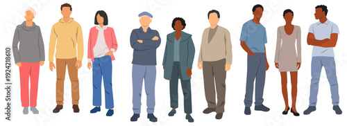 Men and women standing, front views, profile, different colors, cartoon character, group silhouettes, summer and mid-season clothing, flat iconographic design concept, isolated on white background