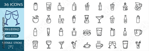 Drink and beverage outline 36 icon set featuring soda can wine bottle coffee cup juice pitcher cocktail coconut water beer mug and more vector illustration or editable stroke