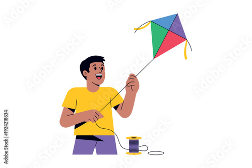 Man flying colorful kite outdoors with spool of string in hand happily