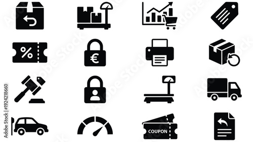 Set of 16 black e-commerce and delivery solid glyph vector icons