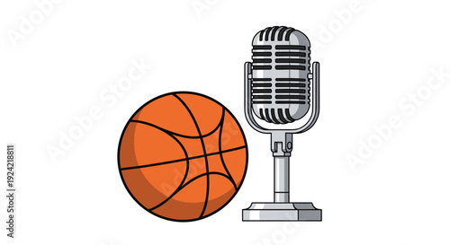 An orange basketball and a silver vintage microphone are shown side by side against a solid white background.