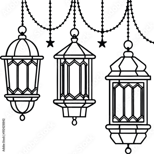 Islamic decorative lanterns hanging on chains with stars Ramadan festival adornment simple line art vector