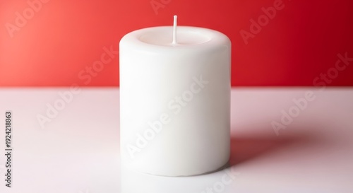 Beautifully crafted unlit white pillar candle with a crisp wick, perfectly poised, offering a clean aesthetic on a vibrant red and white background.