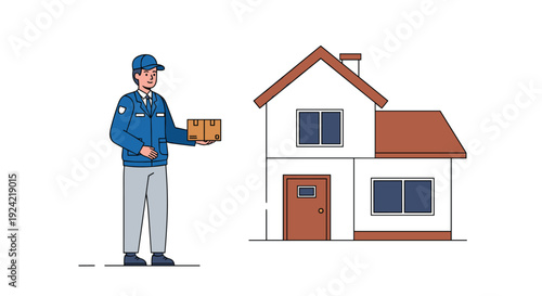 A male courier in a blue uniform holds a cardboard parcel while standing outside a white two-story residential house.