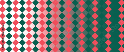 Christmas rhombus seamless pattern. Red and green xmas plaid texture with gold line. Argyle geometric diamond pattern. Christmas abstract wrapping bg. Vector illustration isolated on white background.