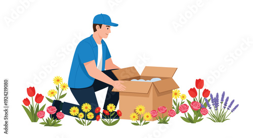 A courier in a blue uniform kneels in a garden of flowers while opening a cardboard box filled with packing material.