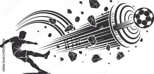 Soccer Player Kicking Ball Through Debris and Energy Blast Dynamic Action Illustration