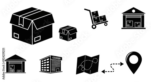 Set of logistics and delivery icons including package boxes, warehouse, hand truck, courier building, and route tracking on an isolated white background.