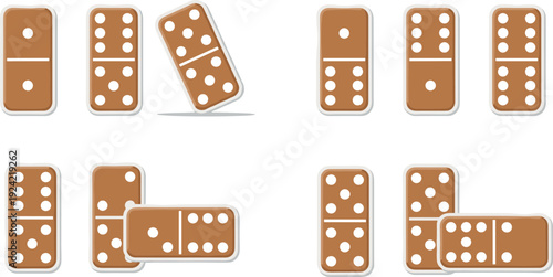 Domino Tiles Game Icon Set with Brown Playing Pieces and Classic Board Game Symbols for Entertainment, Gaming Apps, and Leisure Design Projects
