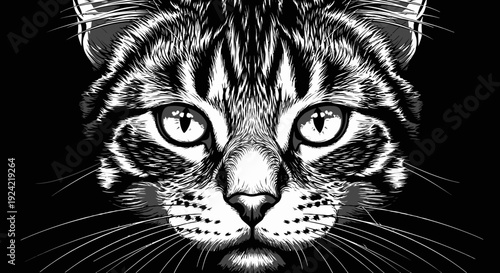 Detailed black and white close-up portrait of a domestic cat's face with piercing eyes on a dark background.