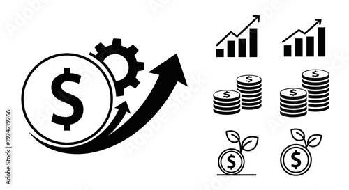 Financial growth and investment icons set featuring dollar currency, upward arrow, bar charts, coin stacks, and money plants on an isolated white background.