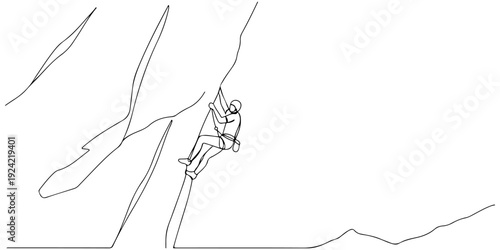 Continuous one line of a climber on a rock wall, representing courage, challenge, and strength, drawn illustration.