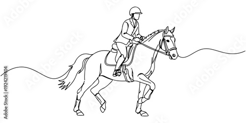 Continuous one line of a horseback rider, representing tradition, sport, and connection, drawn illustration.