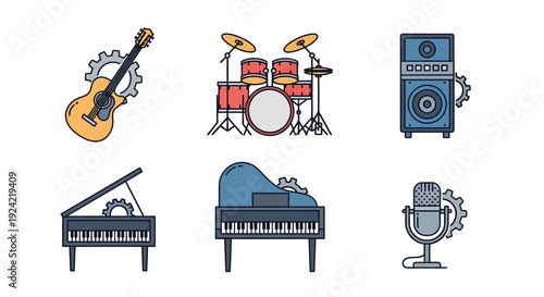 Creative Set of Musical Instruments and Audio Equipment with Guitar, Drums, Pianos, Speaker, and Microphone in a Bright Studio Background