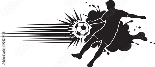 Soccer Player Silhouette Kicking Ball with Dynamic Splash Effect Vector Art