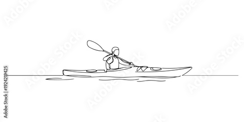Continuous one line of a kayaker paddling, symbolizing adventure, water, and sport, drawn illustration.
