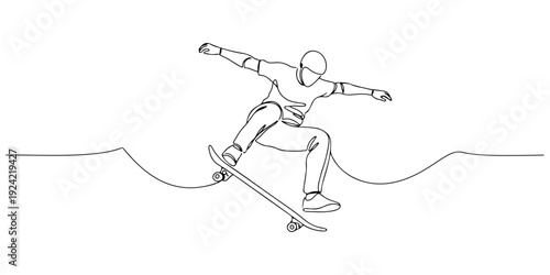 Continuous one line of a skateboard trick, representing creativity, energy, and freedom, drawn illustration.