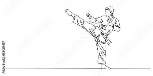Continuous one line of a martial artist kicking, symbolizing discipline, strength, and action, drawn illustration.